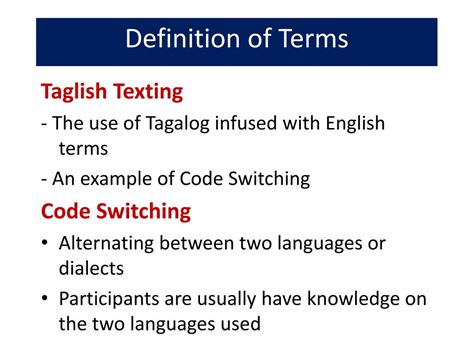 The reflection api is designed in quite intuitive way and is hosted under the java.lang.reflect package. PPT - Dito na poh me, wer na u?: A study on Taglish and Embellished texting PowerPoint ...