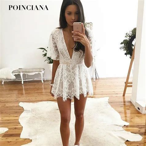 sexy deep v neck lace playsuit short sleeve sweet playsuite cute rompers for women white summer
