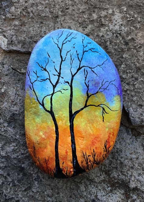Hand Painted “winter Trees In Sunset” Original Stone Art Rock