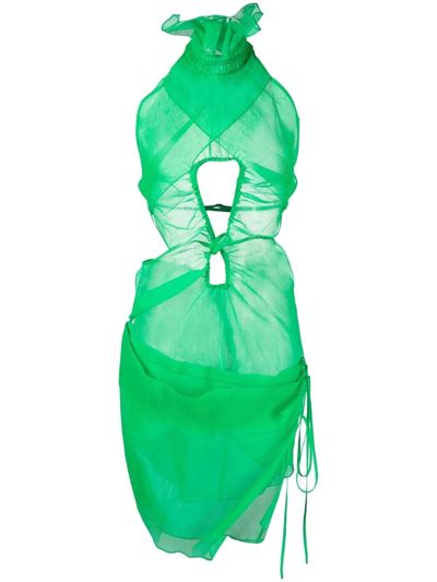 supriya lele wrap effect cutout open back ruffled silk crepon halterneck mini dress in green