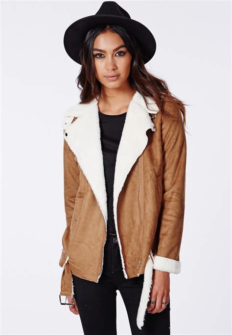 Missguided Bliss Faux Suede Shearling Jacket Tan 70 Missguided