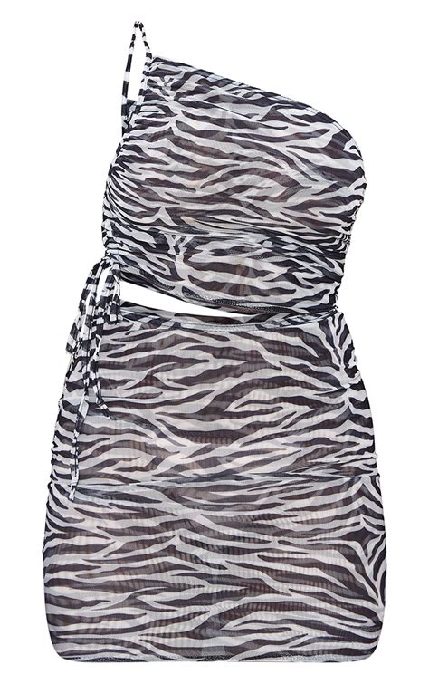 Black Zebra Mesh One Shoulder Cut Out Detail Ruched Bodycon Dress Prettylittlething Uae