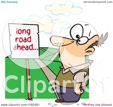 Clipart Man Facing A Long Road Ahead Sign And A Hilly Path Royalty