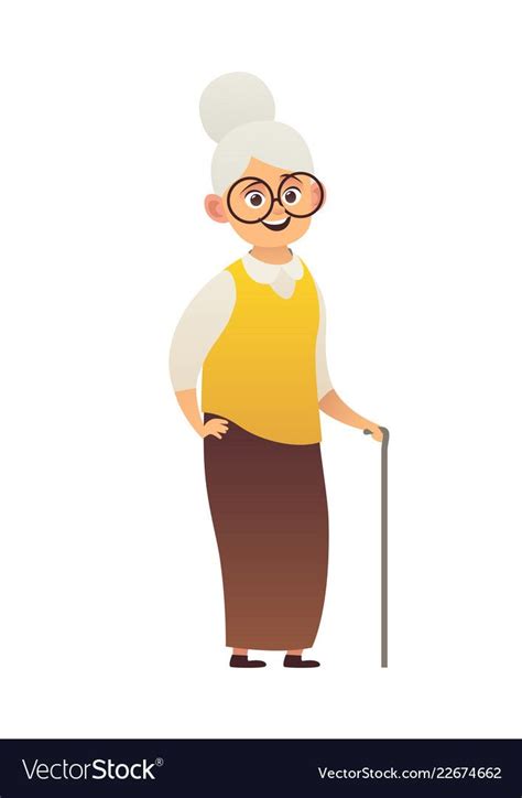Cute Old Woman With Walking Stick Grandmother Wearing