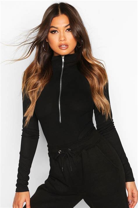 Ribbed Long Sleeve Zip Up Bodysuit Long Sleeve Fashion Top Styles