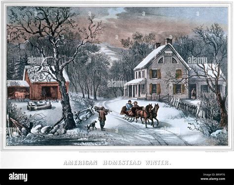 1800s Lithograph Of American Homestead Winter Currier And Ives 1868 Stock
