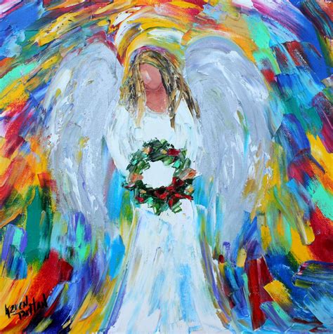 Angel With Wreath Painting Christmas Art Original Oil Palette Knife