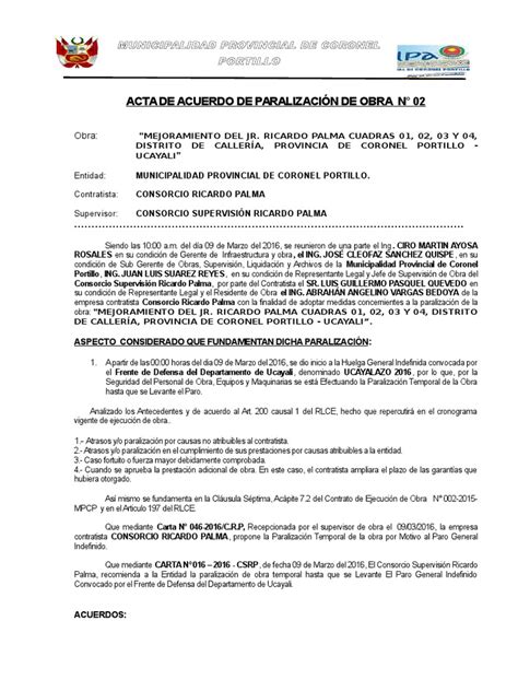 Acta De Acuerdo De Paralizacion De Obra Pagos Gobierno