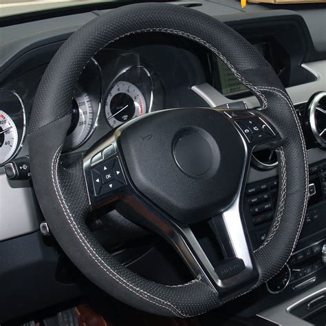 Loncky Auto Black Genuine Leather Black Suede Custom Steering Wheel Covers For Mercedes Benz