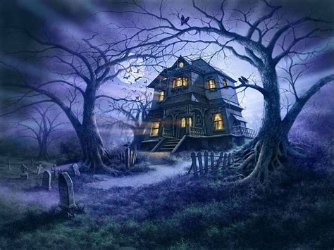 Haunted House House Halloween Spooky Dark Fantasy Moon Scary Bats Graveyard Hd