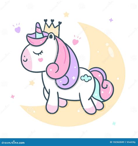 Cute Unicorn Princess Vector Pony Cartoon On The Moon Pastel Color