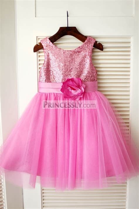 Hot Pink Sequin Tulle Pleated Wedding Flower Girl Dress Avivaly