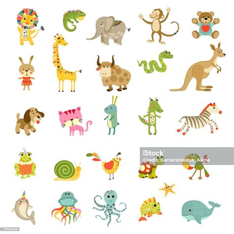 Vector Cartoon Animals Set Cute Isolated Animals Collection Stock
