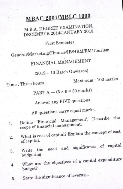 Financial Management Mba Pondicherry University Question Paper