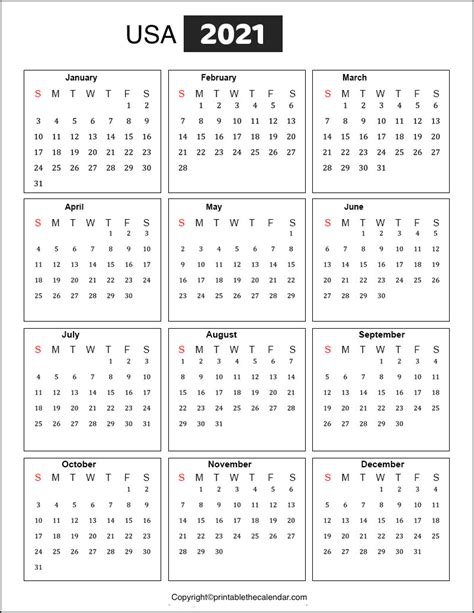 Printable Yearly Calendar With Holidays 2021 Free Letter Templates