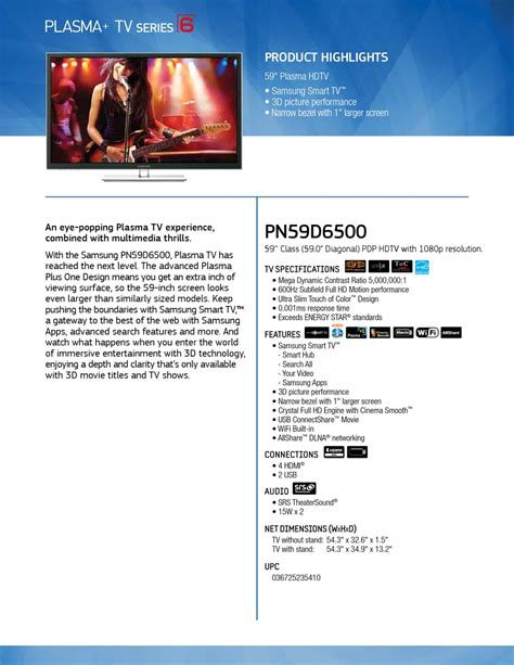 Samsung Pn59d6500dfxza Brochure Pdf Download Manualslib
