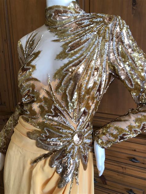 Bob Mackie 80s Sheer Illusion Gold Bugle Bead Sequin Embellished Evening Dress At 1stdibs