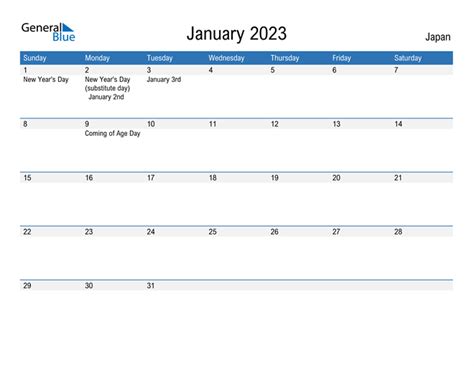 Japan January 2023 Calendar With Holidays