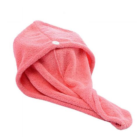 Coral Fleece Hair Towel With Button Wrap Turban Drying Bath Shower