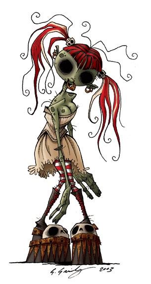 Unusual Colored Zombie Girl With Red Hair And Striped Stockings Tattoo