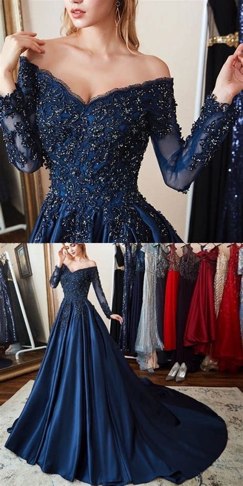 Gorgeous Long Sleeves Off The Shoulder Beading Navy Blue Prom Dress A0564 On Storenvy Blue