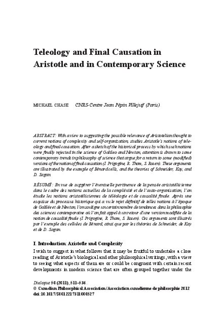 Pdf Teleology And Final Causation In Aristotle And In Contemporary