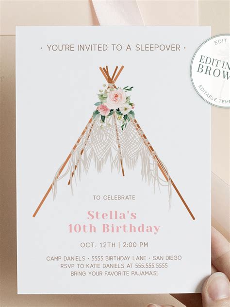 Pajama party concept banner header. Teepee Birthday Invitation, Sleepover Party, Instant ...