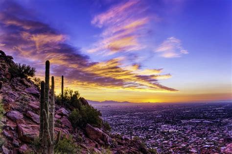 Sunset Over Phoenix Arizona City Clouds Sky Cactus Landscape Hd