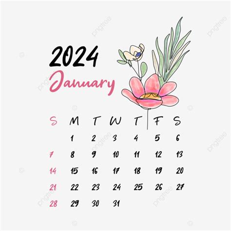 Floral Monthly Calendar January 2024 Vector January Floral Calendar