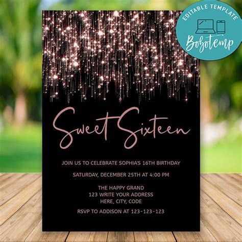 Editable Rose Gold Sweet 16 Birthday Invitations Instant Download