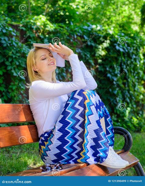 Dreaming About Happy End Girl Sit Bench Relaxing With Book Green Nature Background Stock Image