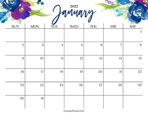 Floral January 2022 Calendar Templates Printable 2021 Calendars