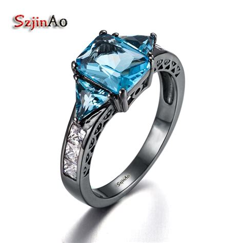 szjinao classic jewelry princess cut wedding ring black gold color blue topaz punk women vintage