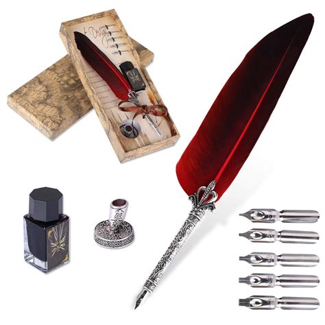 Vabneer Feather Quill Pen Retro Feather Pen Calligraphy Pen Set Metal