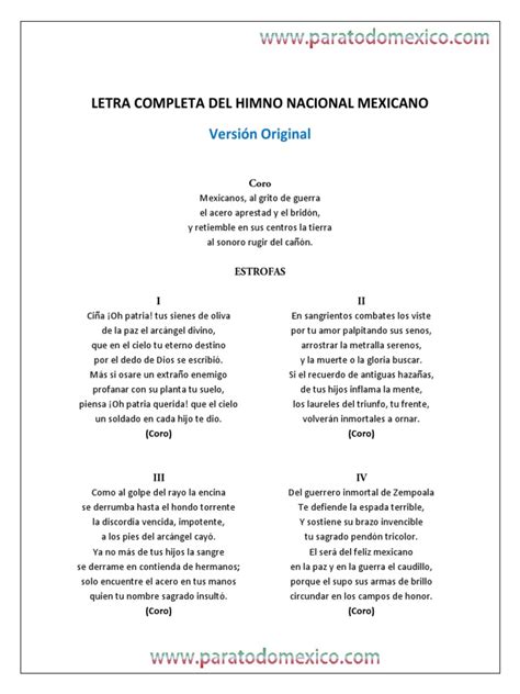 Al sonoro rugir del cañón. Letra Completa Del Himno Nacional Mexicano Version Original