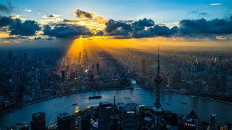 Beautiful Shanghai Cityscape Sunrise Aerial View City Wallpaper