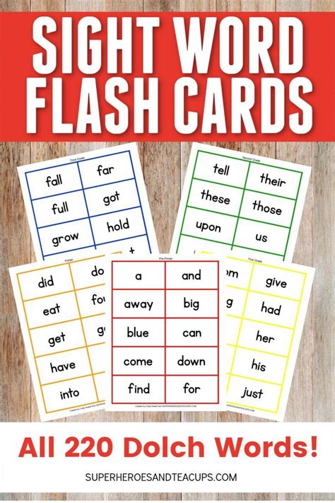 Free Printable Sight Words Flash Cards Kindergarten Dolch Builderhor