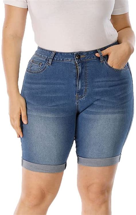 Womens Plus Size Denim Shorts High Waist Folded Hem Pockets Jeans