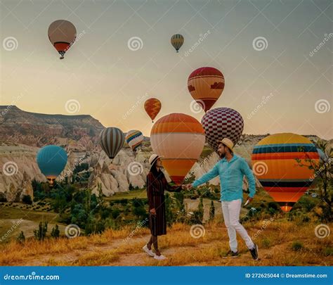 Cappadocia Turkey During Sunrise Couple Mid Age Men And Woman On