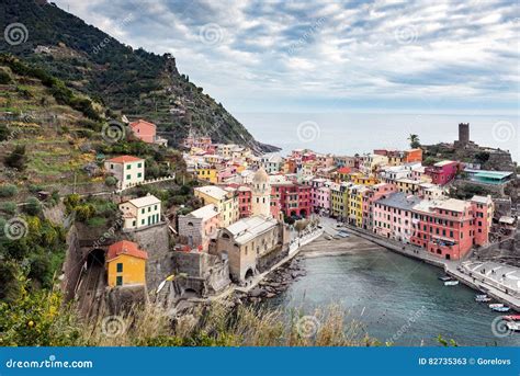 View From High Hill On Vernazza Houses And Blue Sea Cinque Terre