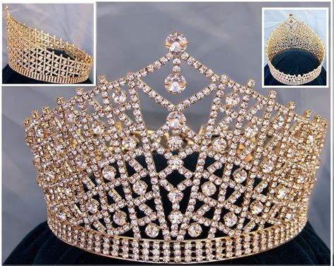 Miss Beauty Pageant Queen Rhinestone Gold Full Crown Tiara Pageant