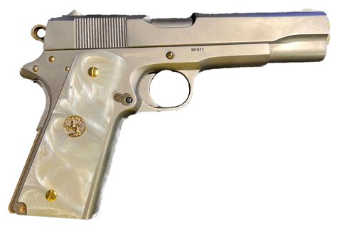 Colt 1911 Grips White Fire Pearl With Factory Gold Medallions