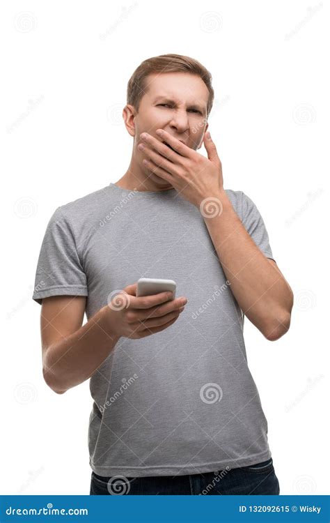 Sleepy Yawning Man With A Phone Isolated Portrait Stock Image Image