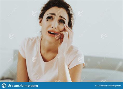 Crying Lonely Woman Phone Call Bedroom Concept Stock Image Image Of