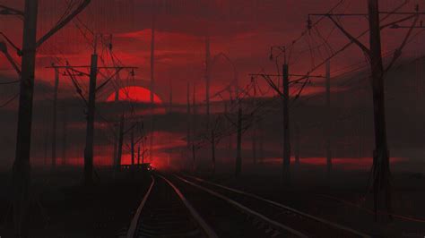 Railway Track With Red Sunset Background Hd Red Aesthetic Wallpapers