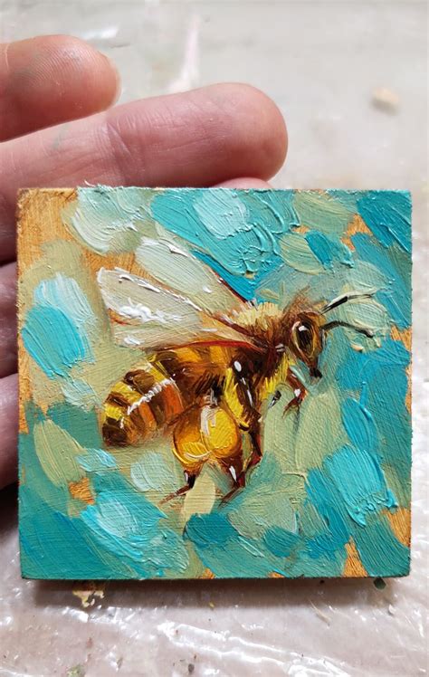Bee Artwork Oil Painting Original 2x2 Small Bee Painting Etsy Bee