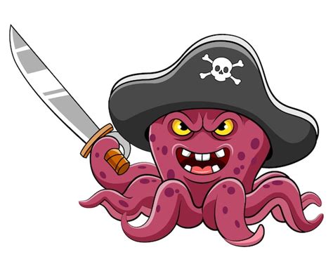 Premium Vector Angry Octopus Pirates Cartoon Holding Sword Of
