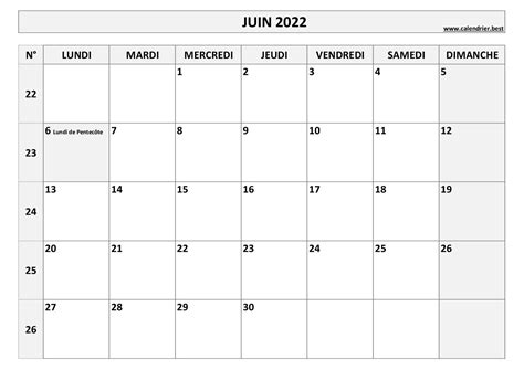 Calendrier Juin 2022 à Consulter Ou Imprimer Calendrierbest