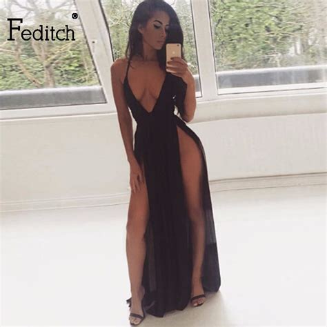 Feditch Deep V Neck Strap Backless Bandage Long Halter Party Dresses 2017 Sexy High Slit Elegant