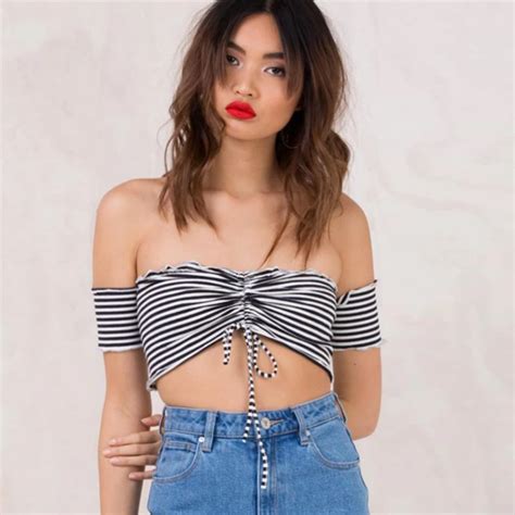 Women Sexy Striped Crop Tops Short Sleeve Tank Tops Off Shoulder Drawstring Slim T Shirt Ladies